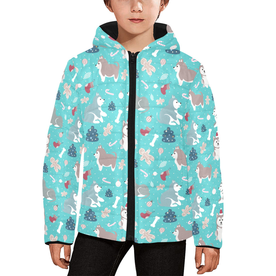 Christmas cute siberian husky puppie pattern Kids' Boys' Girls' Padded Hooded Jacket