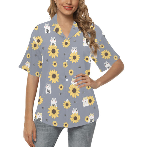 Cute hamster sunflower pattern background Women's All Over Print Hawaiian Shirt
