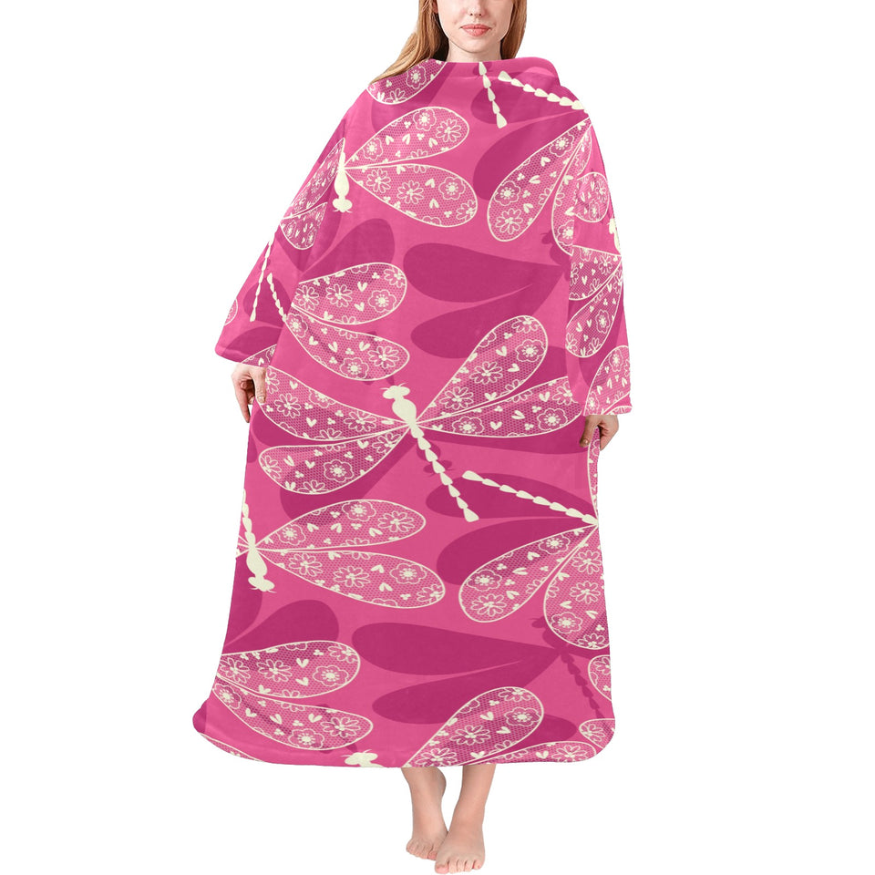 Beautiful dragonfly pink background Blanket Robe with Sleeves