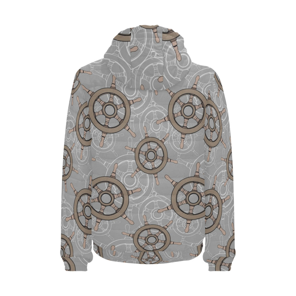 nautical wood steering wheel pattern Men's Padded Hooded Jacket