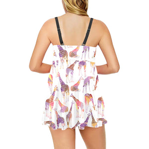 Giraffe Pattern Print Design 02 Chest Sexy Pleated Two Piece Swim Dress