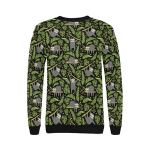 Cute sloths tropical palm leaves black background Women's Crew Neck Sweatshirt