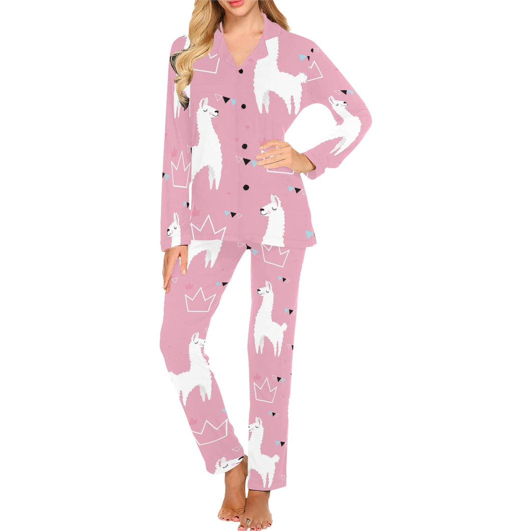 Llama Alpaca pink background Women's Long Pajama Set