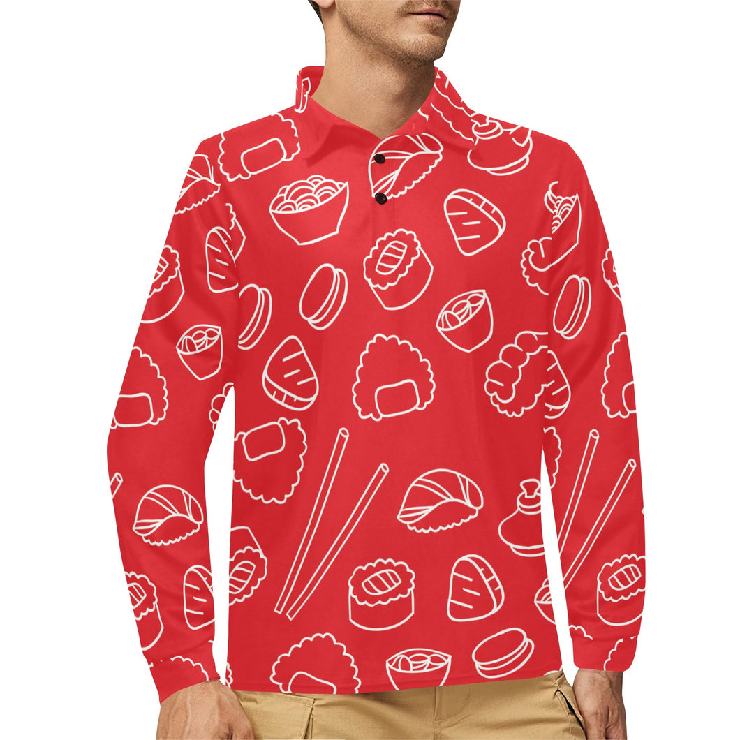 sushi pattern red background Men's Long Sleeve Polo Shirt