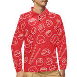 sushi pattern red background Men's Long Sleeve Polo Shirt