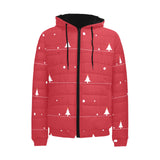 Christmas tree star snow red background Men's Padded Hooded Jacket
