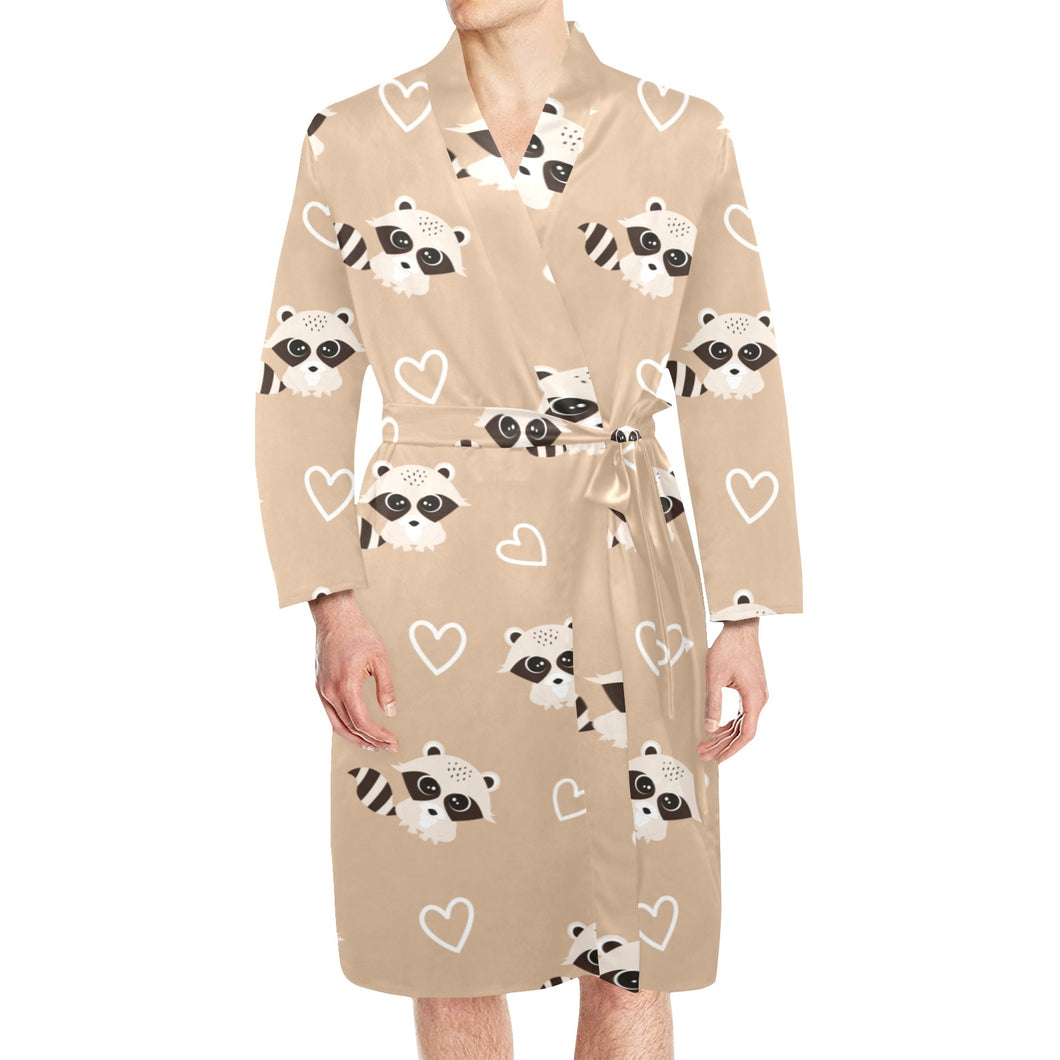 Cute raccoon heart pattern Men's Long Sleeve Belted Night Robe