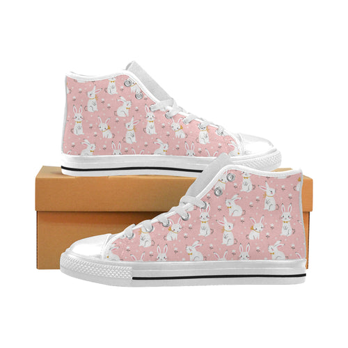 Cute white rabbit flower pink background Men's High Top Canvas Shoes White
