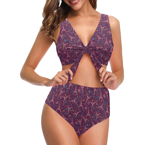 Eiffel Tower Heart Pattern Print Design 04 Chest Bowknot High Waisted Bikini Swimsuit