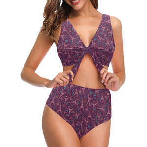 Eiffel Tower Heart Pattern Print Design 04 Chest Bowknot High Waisted Bikini Swimsuit