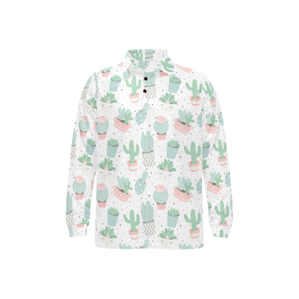 Pastel color cactus pattern Men's Long Sleeve Polo Shirt