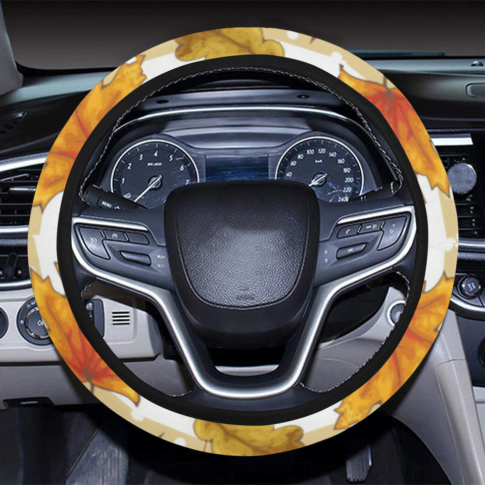 Maple leaf oak leaf acorns beige striped backgroun Car Steering Wheel Cover