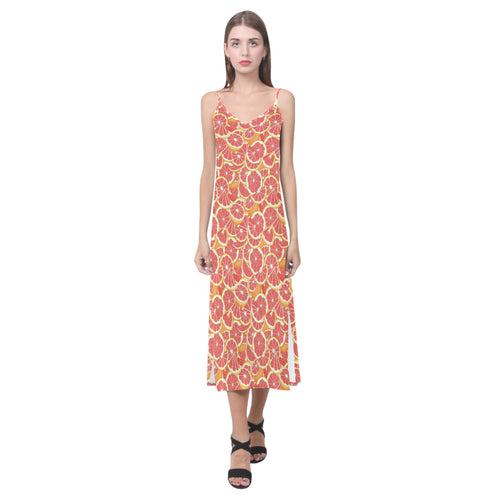 Tropical grapefruit pattern V-Neck Open Fork Long Dress