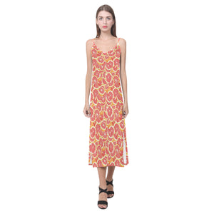 Tropical grapefruit pattern V-Neck Open Fork Long Dress