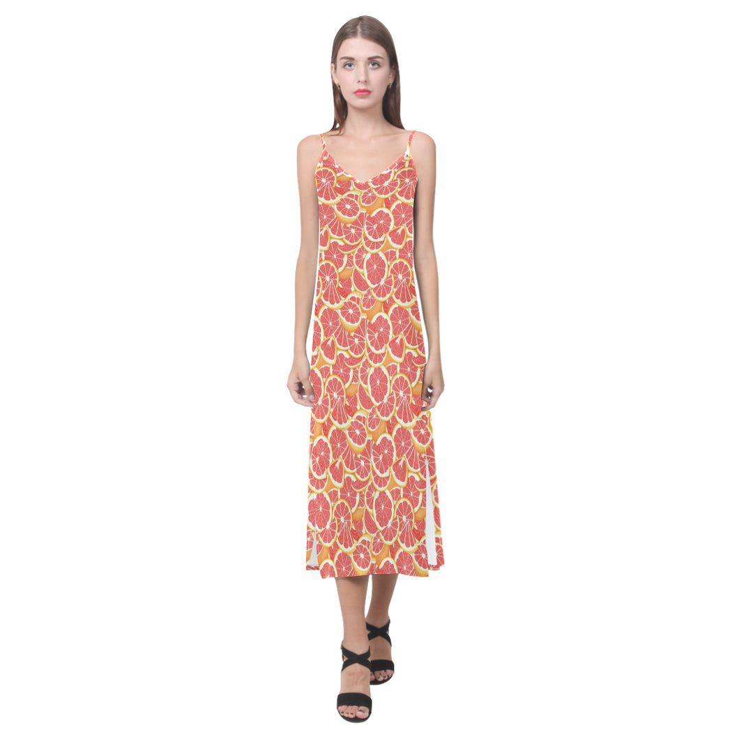 Tropical grapefruit pattern V-Neck Open Fork Long Dress