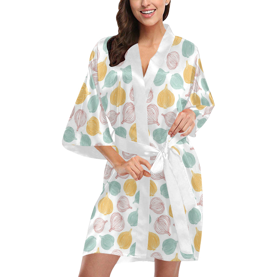 colorful onions white background Women's Short Kimono Robe