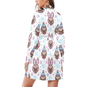 Cute pug hat rabbit costume pattern Women's Long Sleeve Belted Night Robe