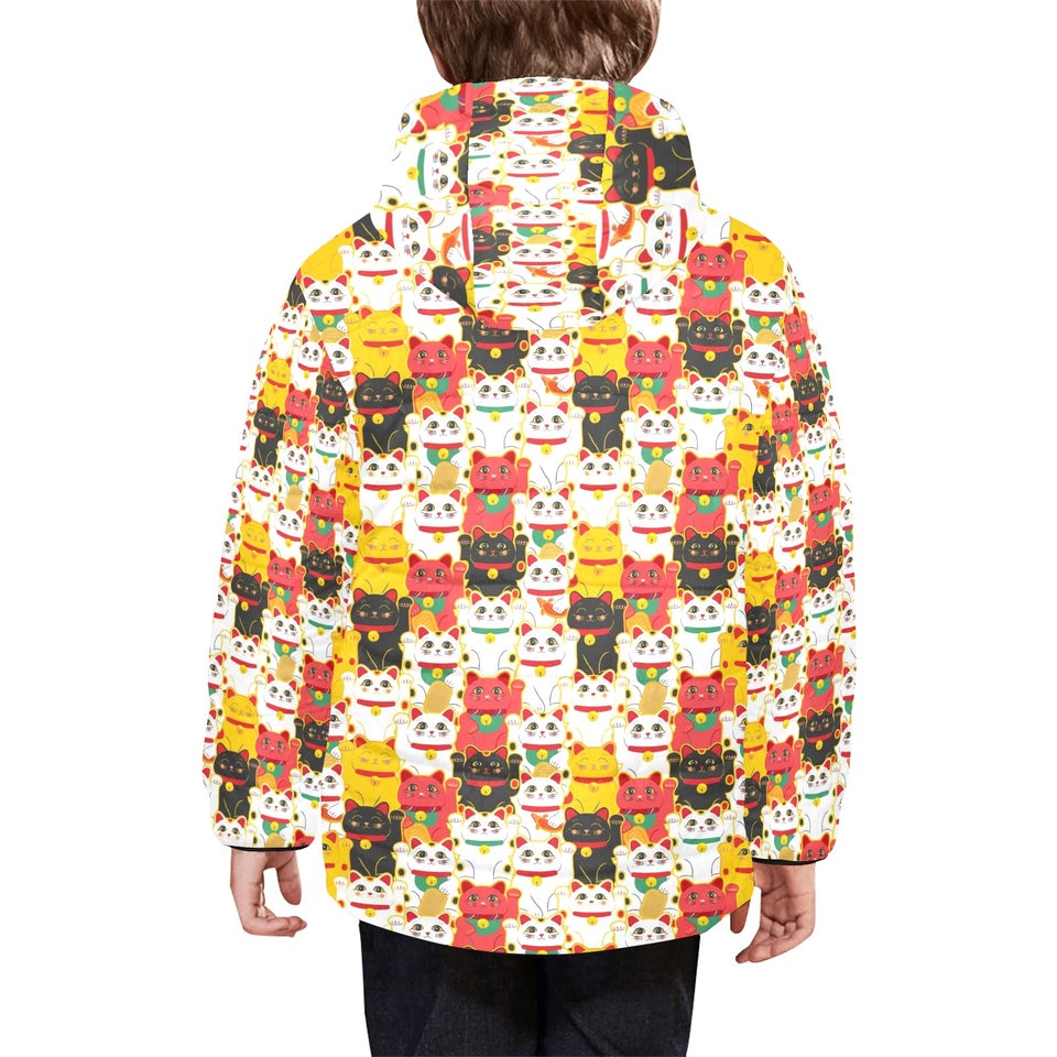 Colorful Maneki neko cat pattern Kids' Boys' Girls' Padded Hooded Jacket