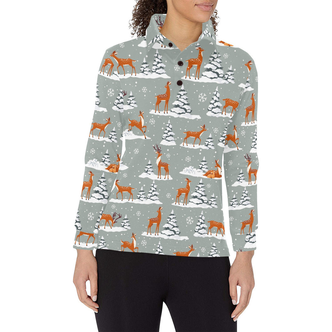 Beautiful deers Winter Christmas Women's Long Sleeve Polo Shirt