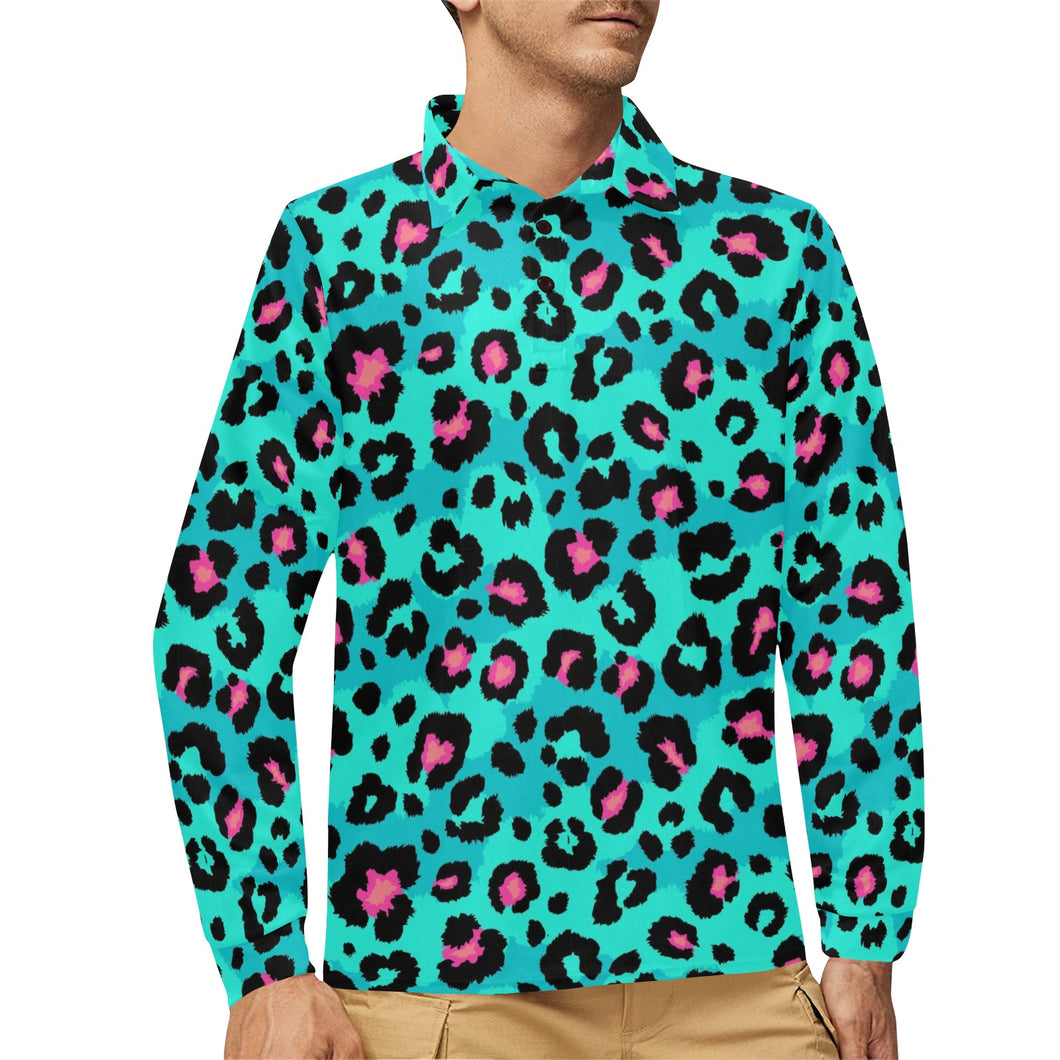 Green leopard skin print pattern Men's Long Sleeve Polo Shirt