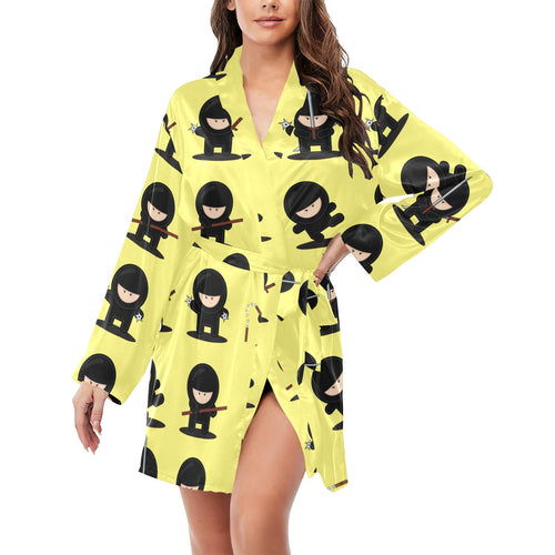 Cute ninja yellow background Women's Long Sleeve Belted Night Robe