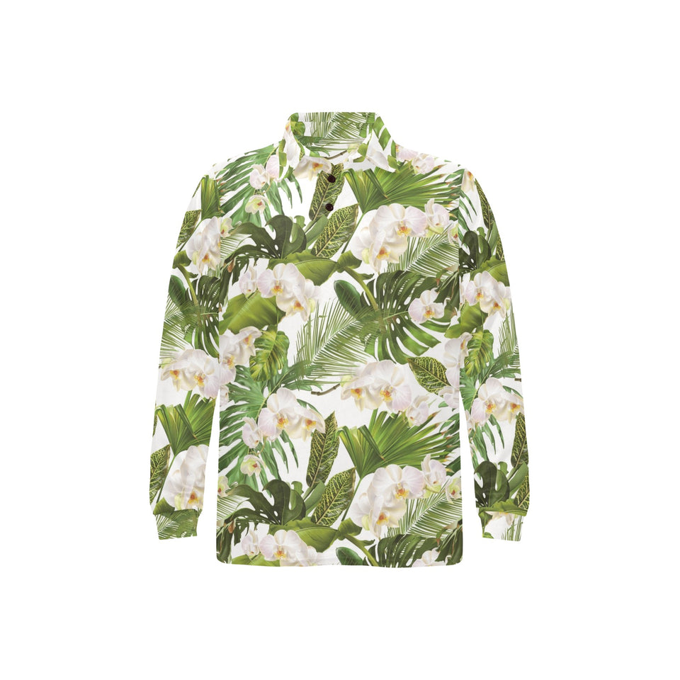White orchid flower tropical leaves pattern Men's Long Sleeve Polo Shirt