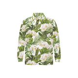 White orchid flower tropical leaves pattern Men's Long Sleeve Polo Shirt