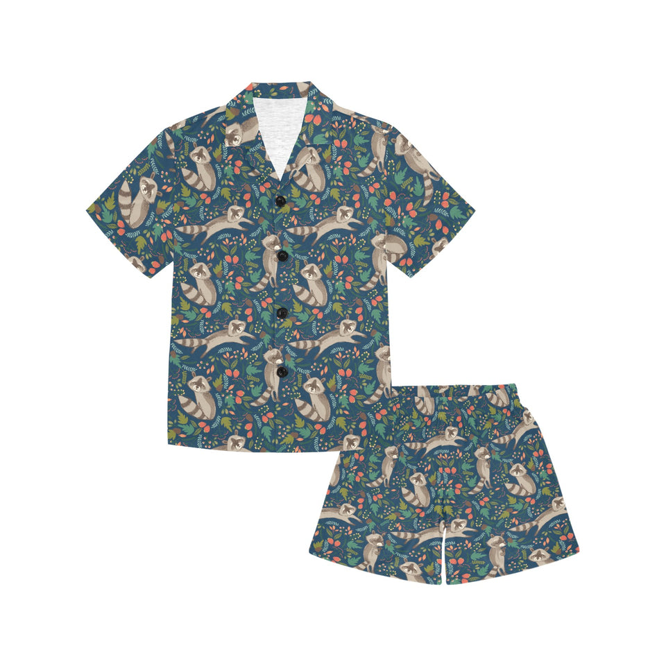Raccoon tropical leaves pattern Kids' Boys' Girls' V-Neck Short Pajama Set