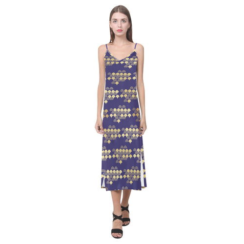Beautiful japanese fan pattern V-Neck Open Fork Long Dress