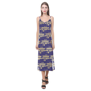 Beautiful japanese fan pattern V-Neck Open Fork Long Dress