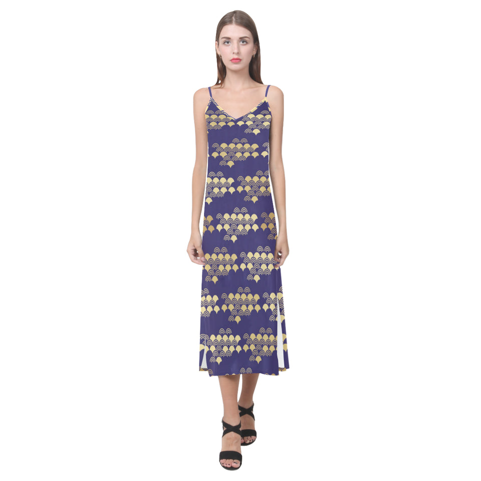 Beautiful japanese fan pattern V-Neck Open Fork Long Dress