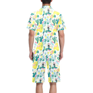 Cute parrot toucan flamingo cactus exotic leaves p Men's V-Neck Short Pajama Set