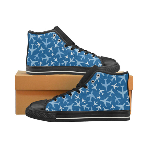 Airplane pattern in the sky Women's High Top Canvas Canvas Shoes Black
