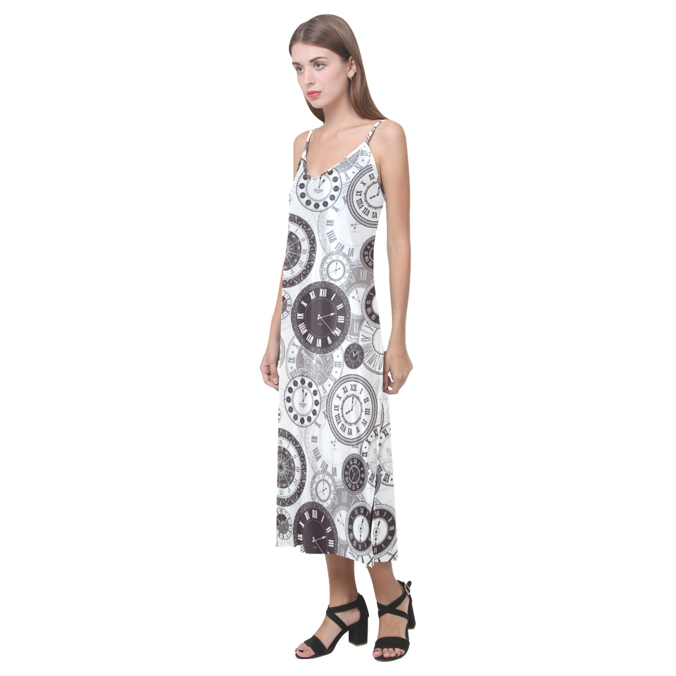 Classic vintage clock pattern V-Neck Open Fork Long Dress