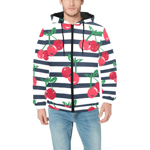 Hand drawn cherry pattern striped background Men's Padded Hooded Jacket