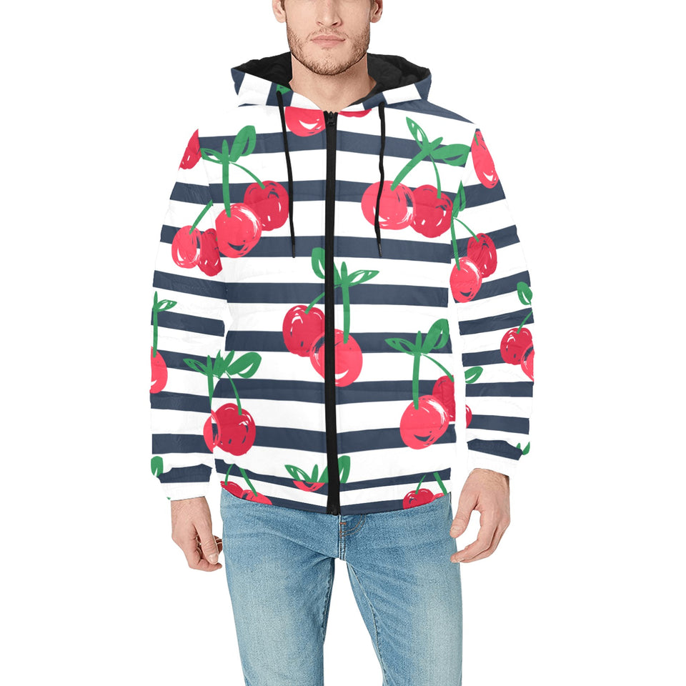 Hand drawn cherry pattern striped background Men's Padded Hooded Jacket