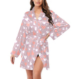 coral white heart pattern Women's Long Sleeve Belted Night Robe