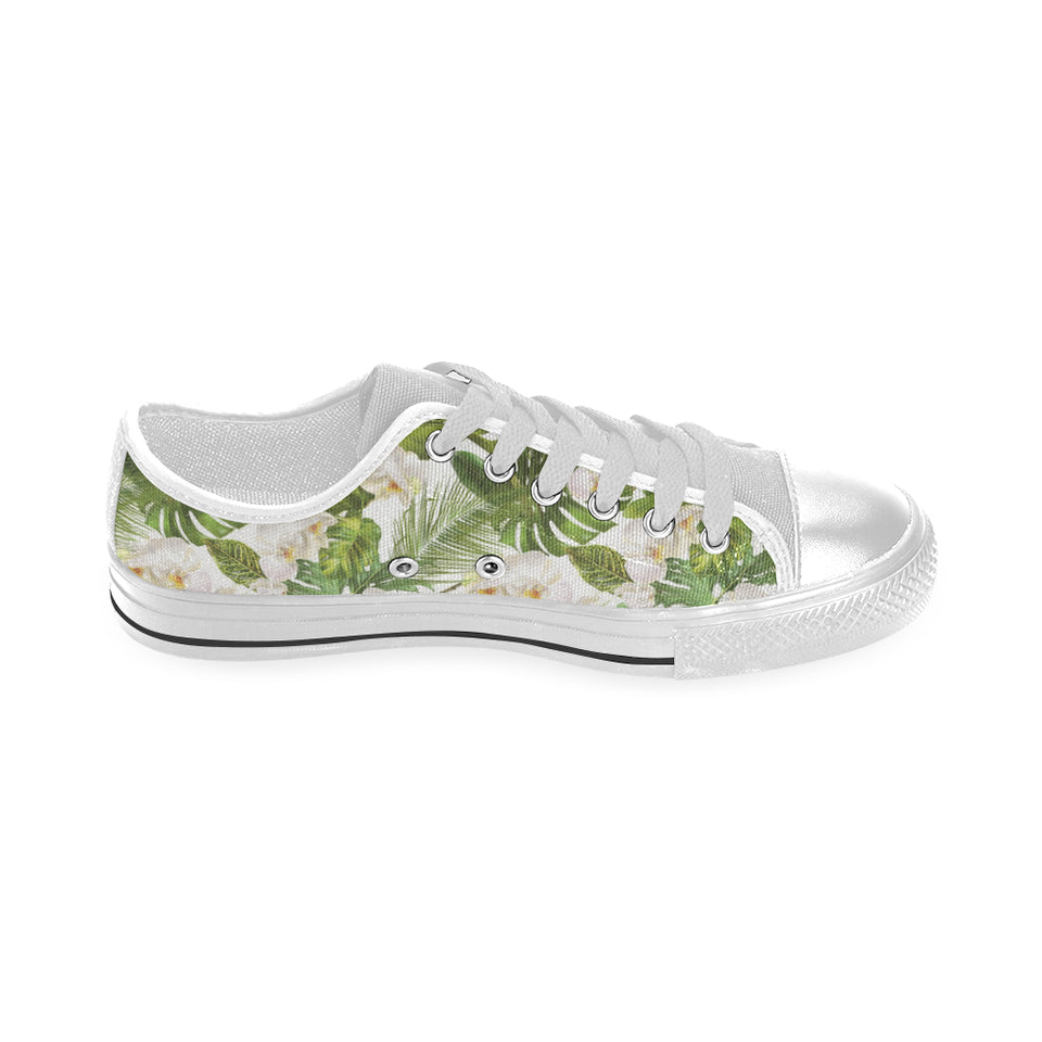 White orchid flower tropical leaves pattern Men's Low Top Canvas Shoes White