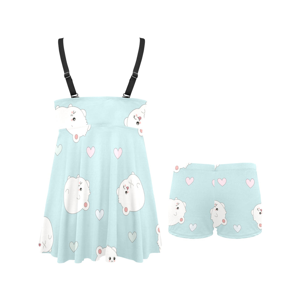 White cute hamsters heart pattern Chest Sexy Pleated Two Piece Swim Dress