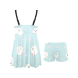 White cute hamsters heart pattern Chest Sexy Pleated Two Piece Swim Dress