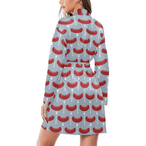 Sausage Pattern Print Design 02 Women's Long Sleeve Belted Night Robe