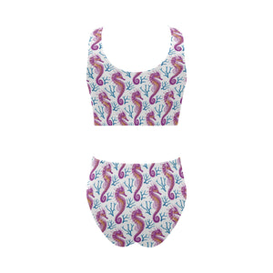 Purple seahorse blue coral pattern Chest Bowknot High Waisted Bikini Swimsuit
