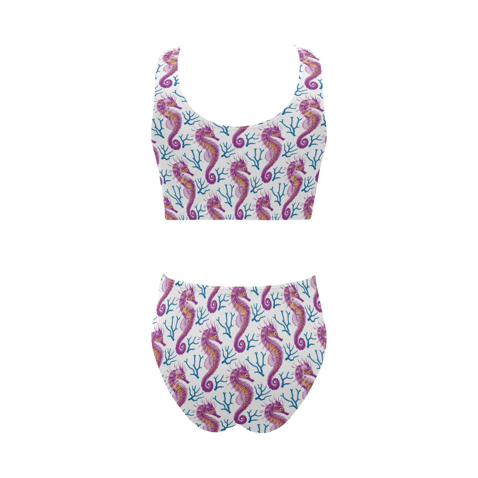 Purple seahorse blue coral pattern Chest Bowknot High Waisted Bikini Swimsuit