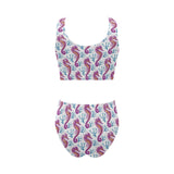Purple seahorse blue coral pattern Chest Bowknot High Waisted Bikini Swimsuit