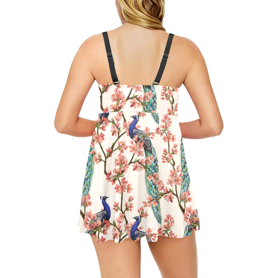Peacock tropical flower pattern Chest Sexy Pleated Two Piece Swim Dress