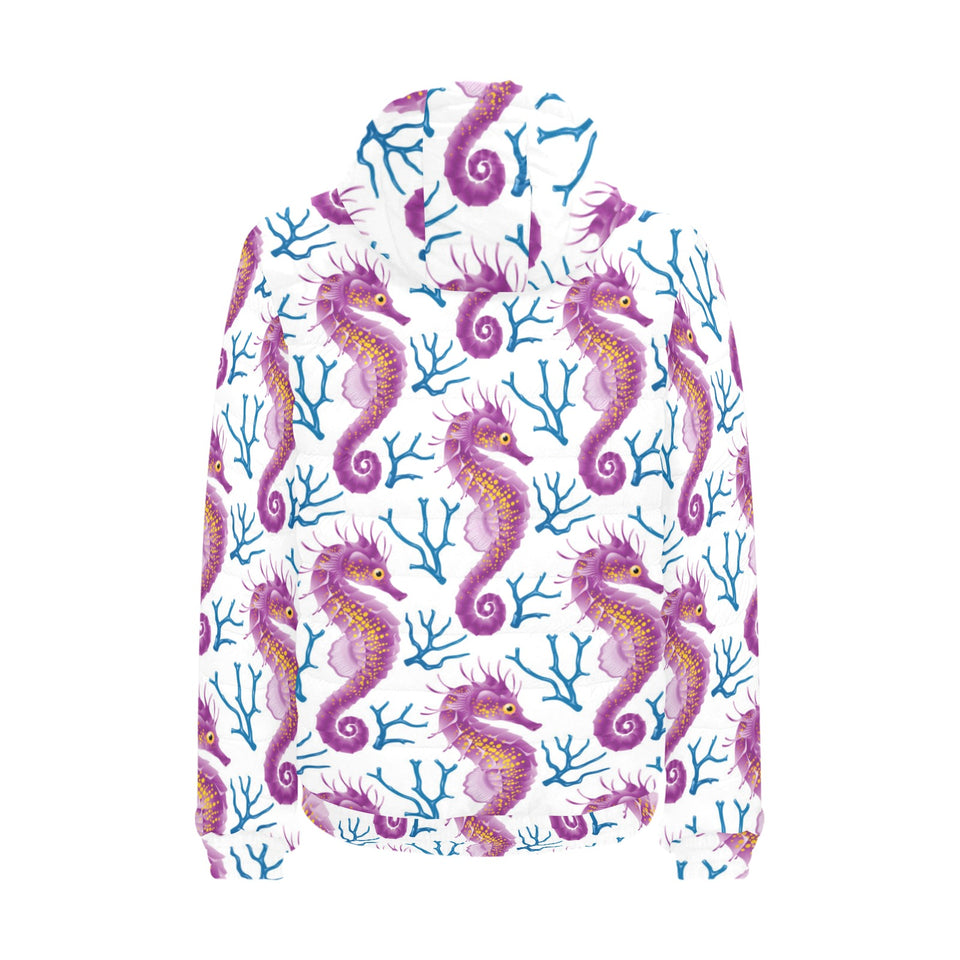 Purple seahorse blue coral pattern Men's Padded Hooded Jacket