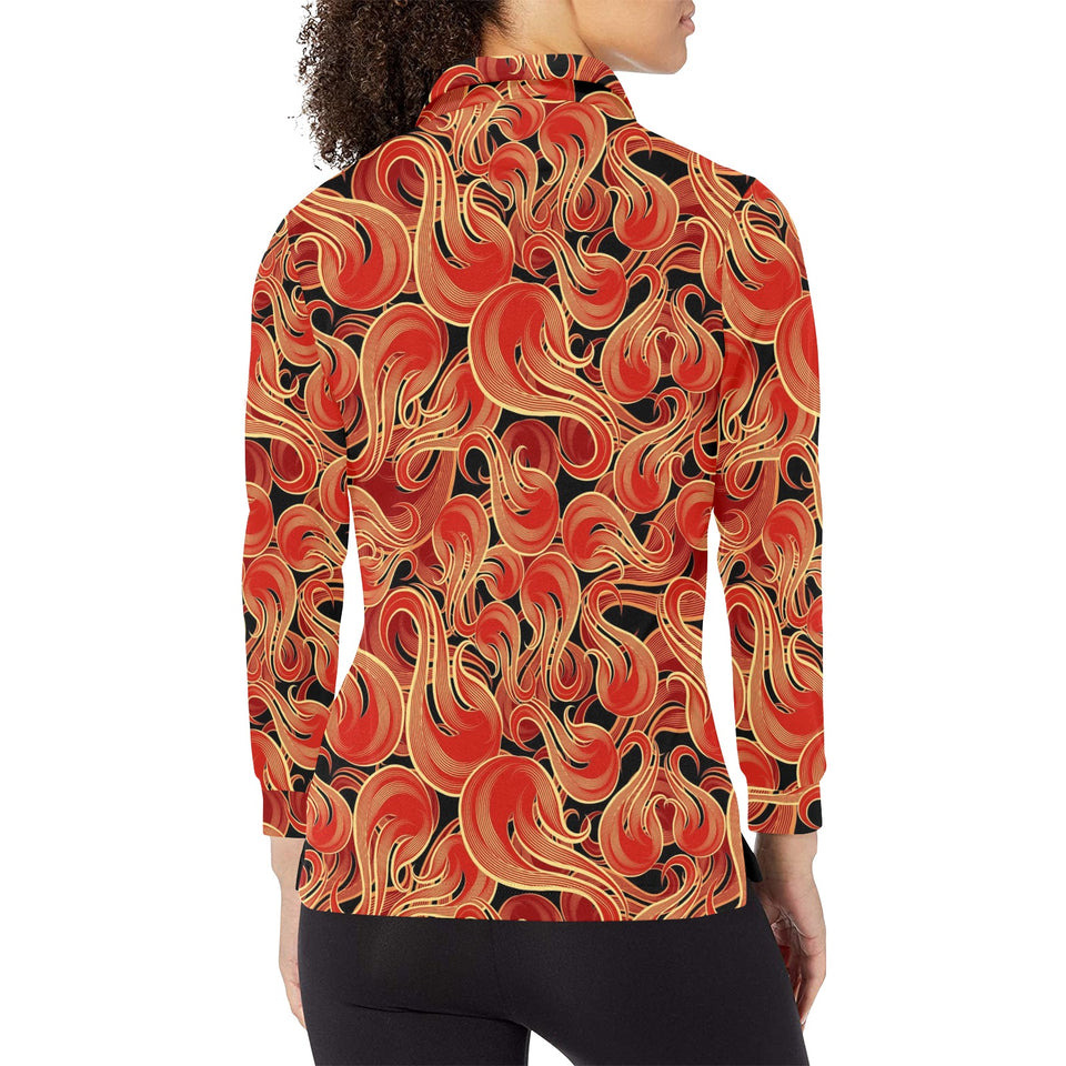 Fire flame pattern Women's Long Sleeve Polo Shirt