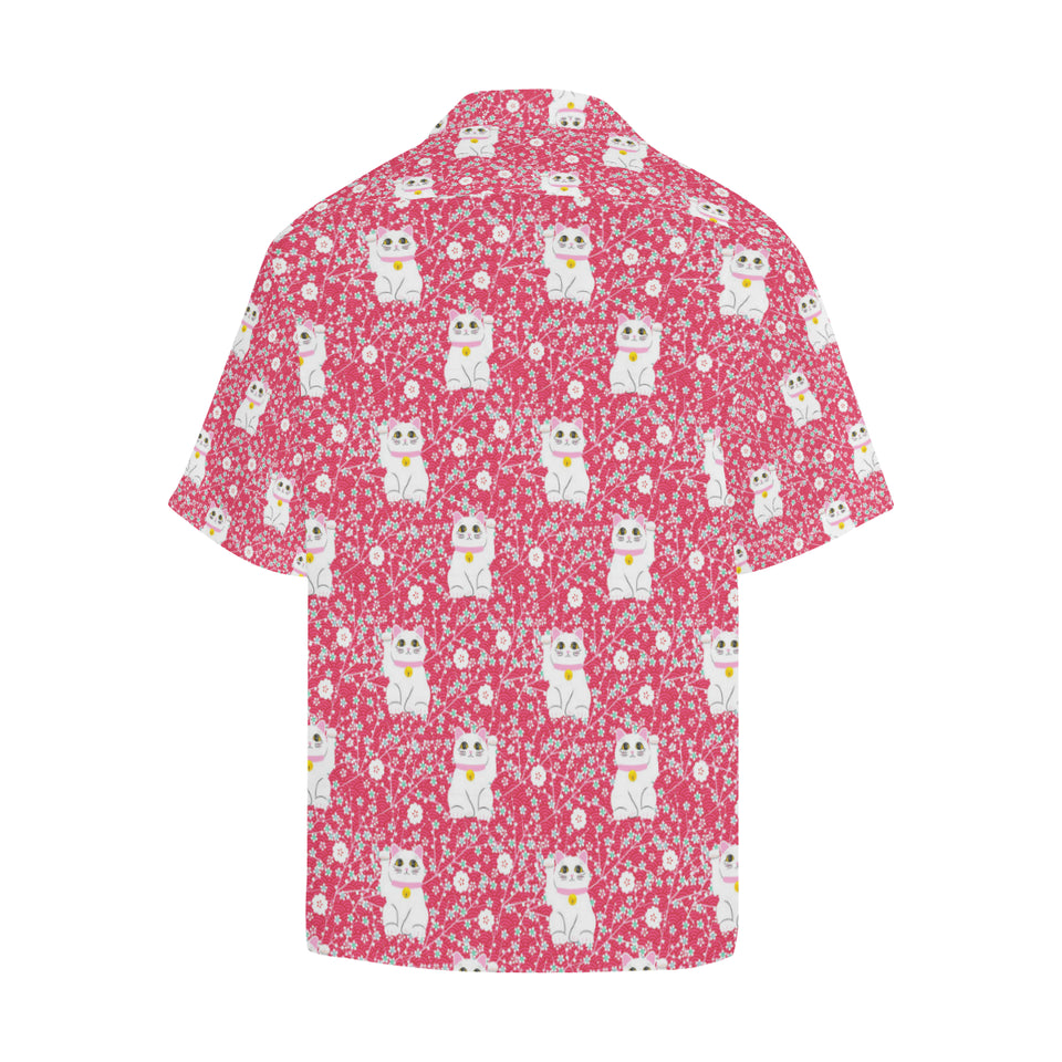 Maneki neko cat sakura pink background Men's All Over Print Hawaiian Shirt