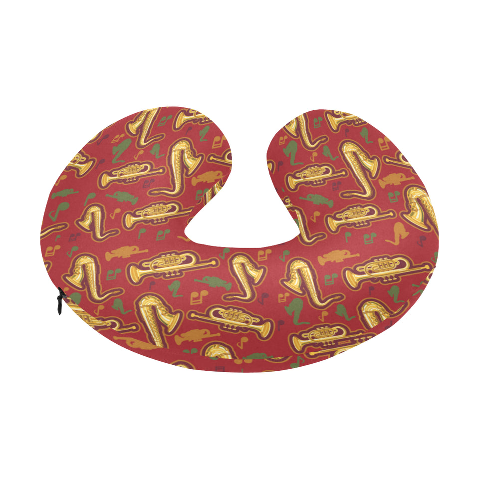 Saxophone cornet pattern red background U-Shaped Travel Neck Pillow