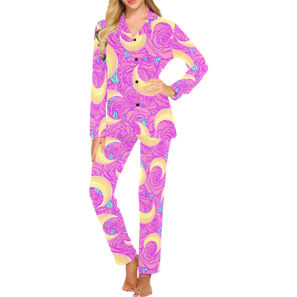 Moon pink rose background Women's Long Pajama Set